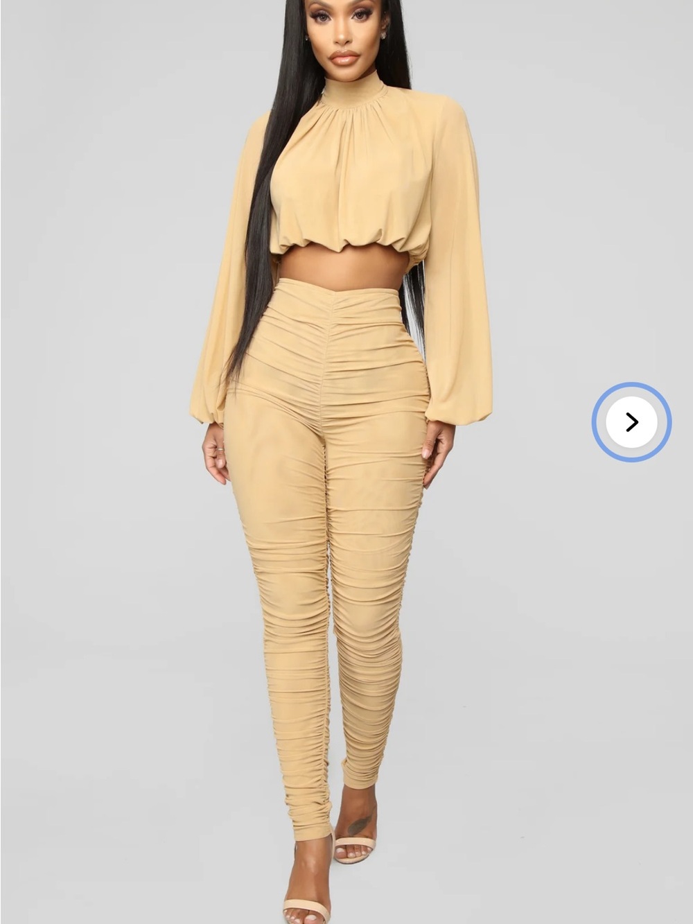 Fashion Nova Black Ruched High-Waist Pants & Long-Sleeve Crop Top Set